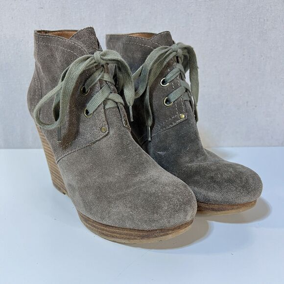 Lucky Brand Norice Suede Wooden Wedge Lace Up Boot Sz. 9‎ - Picture 1 of 7